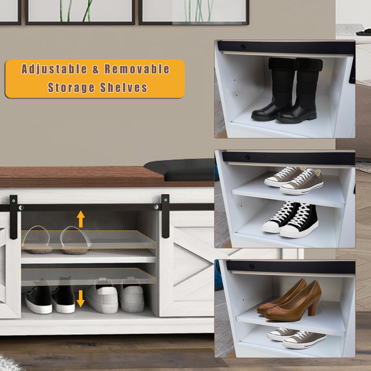 IDEALHOUSE 47'' Farmhouse Shoe Storage Bench with Padded Seat Cushion, End of Bed Entryway Bench with 2 Barn Doors, Adjustable Shelf for Entryway, Living Room, Bedroom White IDEALHOUSE