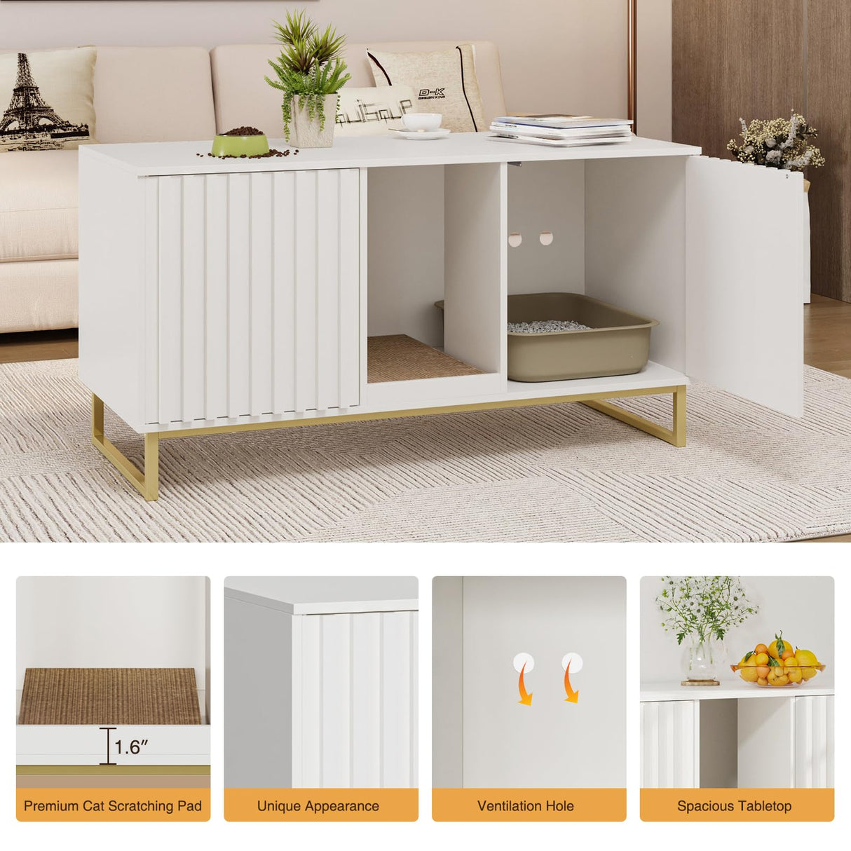 Cat Litter Box Enclosure for 2 Cats, 47.6’’ Litter Box Furniture Hidden with Scratch Pad, Double Room Large Cat Cabinet, Indoor Pet House TV Stand Side Table,Cats Washroom, White Halitaa