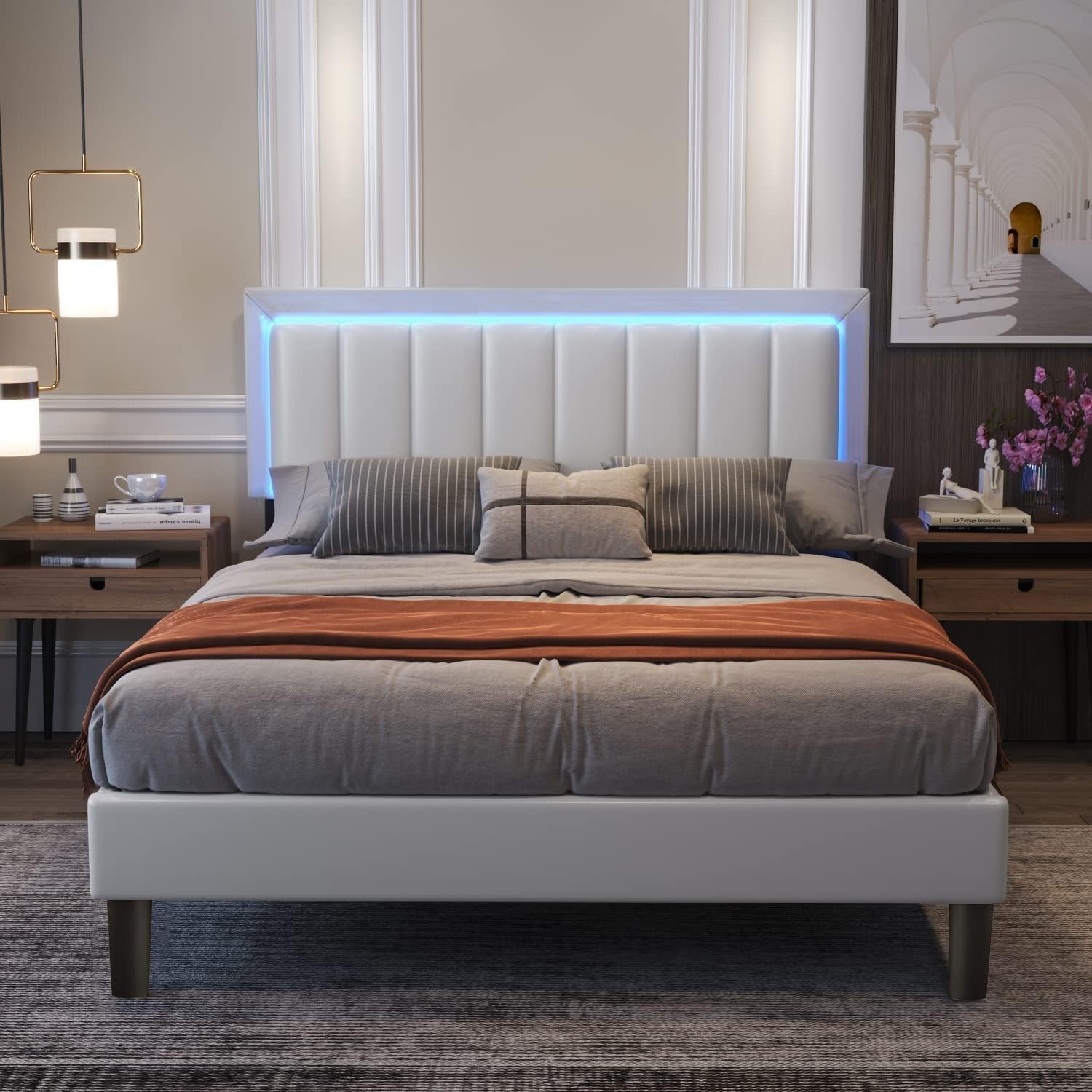 Catrimown Stylish Full Size Platform Bed Frame with LED Lights and Adjustable Upholstered Headboard - WoodArtSupply