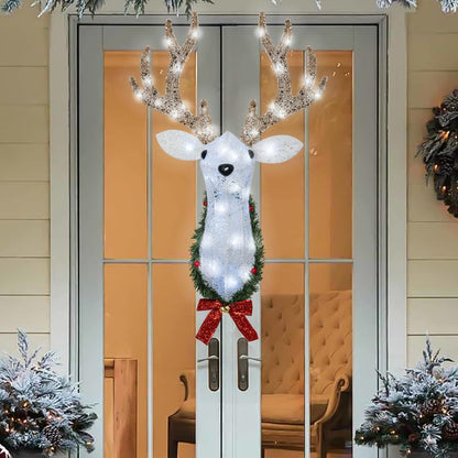 Christmas Wall Decor Reindeer Head with Clear 60 Count Lights，3D Rudolph Hanging Wreath with Battery Operated, 8 Modes & Timer, Light Up for Xmas Holiday Christmas Décor