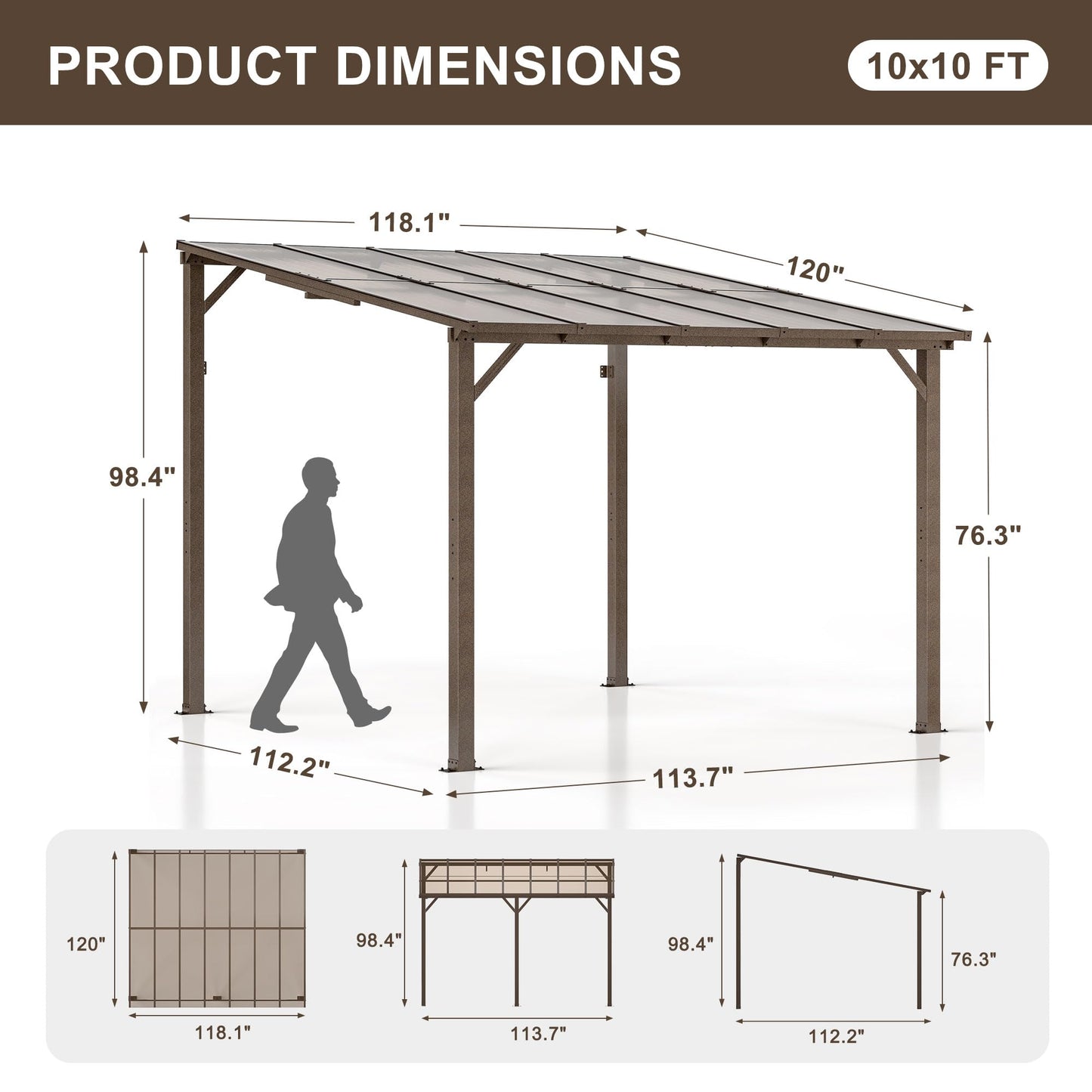 VIWAT 10' x 10' Gazebo, Outdoor Gazebos on Clearance with Aluminum Frame, Wall Mounted Gazebo & Pergola, Lean to Gazebo Awnings for Patio, Decks, Porch and Backyard - WoodArtSupply