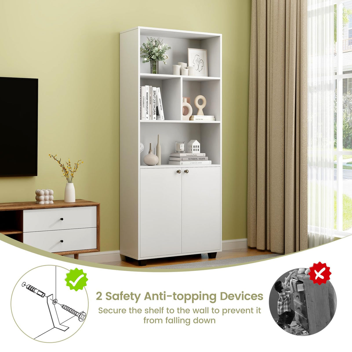 LOKO 66” Tall Freestanding Bookcase, 5-Tier Storage Organizer with Adjustable Shelf, Modern Storage Cabinet for Living Room, Bedroom, Study, White LOKO