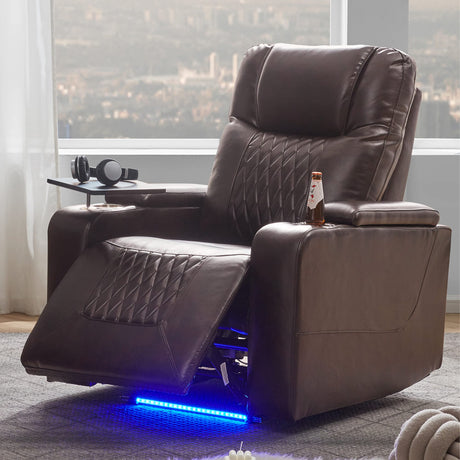 Merax Electric Recliner Chair with USB Charge Port, 360 Swivel Tray Table, Hand in-Arm Storage, and Cup Holders, Ambient Lighting - Ambient Lighting Gaming Recliner Chair Home Theater Seating(Brown) Merax
