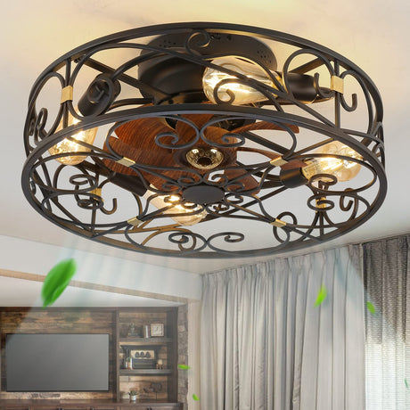 XUDOM 20" Caged Ceiling Fans with Lights and Remote, Bladeless Ceiling Fan 6 Speed Reversible with 4 Bulbs and Remote Control,Flush Mount Caged Ceiling Fan for Bedroom, Living Room, (Include Bulbs) XUDOM