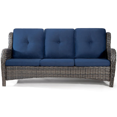 Joyside Outdoor Patio Couch Wicker Sofa - 3 Seater Rattan Sofa for Outside Patio Garden with Deep Seating and Olefin Cushions(Mixed Grey/Blue)