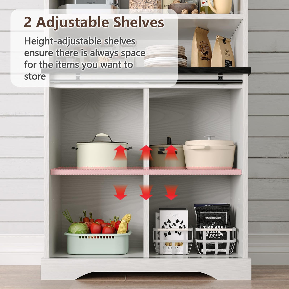 4ever2buy Farmhouse Tall Coffee Bar with Tall Hutch, White Coffee Bar Cabinet with 3 Tier Shelves, 70 Inch Buffet Cabinet with Sliding Barn Door and Adjustable Shelves for Living Dining Room 4ever2buy