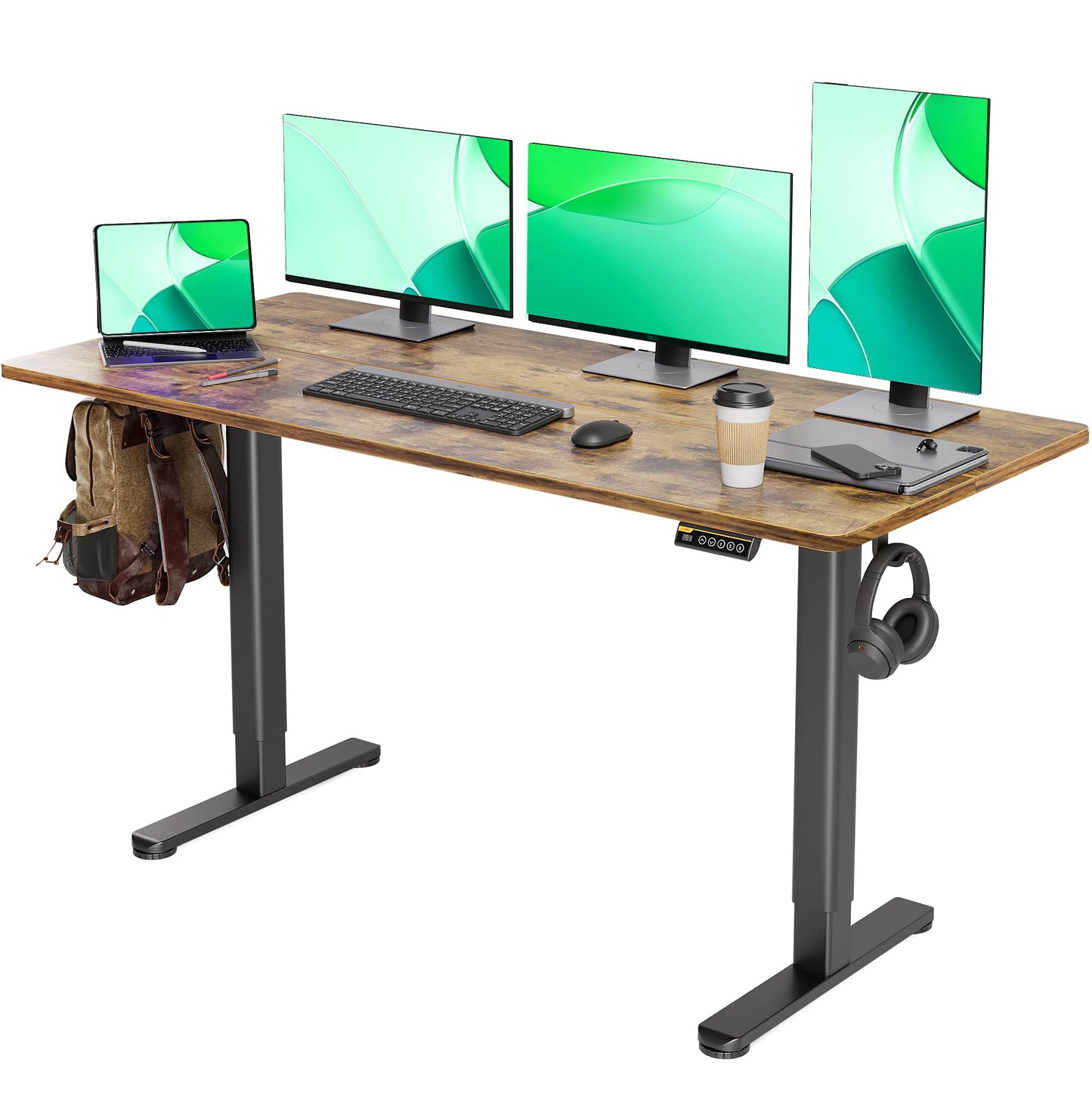 Claiks Electric Standing Desk, Adjustable Height Stand up Desk, 63x24 Inches Sit Stand Home Office Desk with Splice Board, Black Frame/Rustic Brown Top - WoodArtSupply