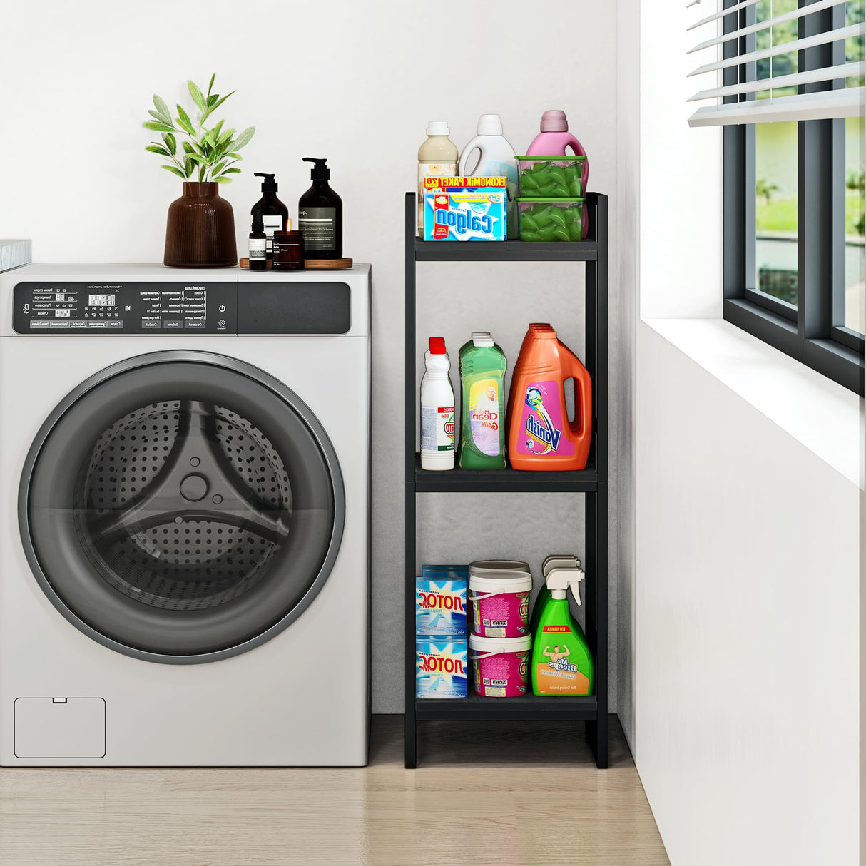 BYFU 3 Tier Bathroom Shelving Unit, Narrow Open Floor Shelves, Metal Corner Storage Rack for Bathroom Laundry Room Kitchen Living Room, Black BYFU