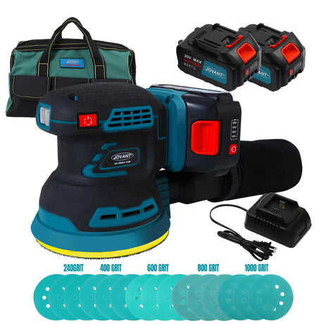 Orbital Sander with 2x20V 4Ah Batteries and 1xCharger,5 inch Variable Speed Cordless Orbital Sander, Brushless Motor Cordless Palm Sander for Woodworking, Sanding, Polishing-JOVANT jovant