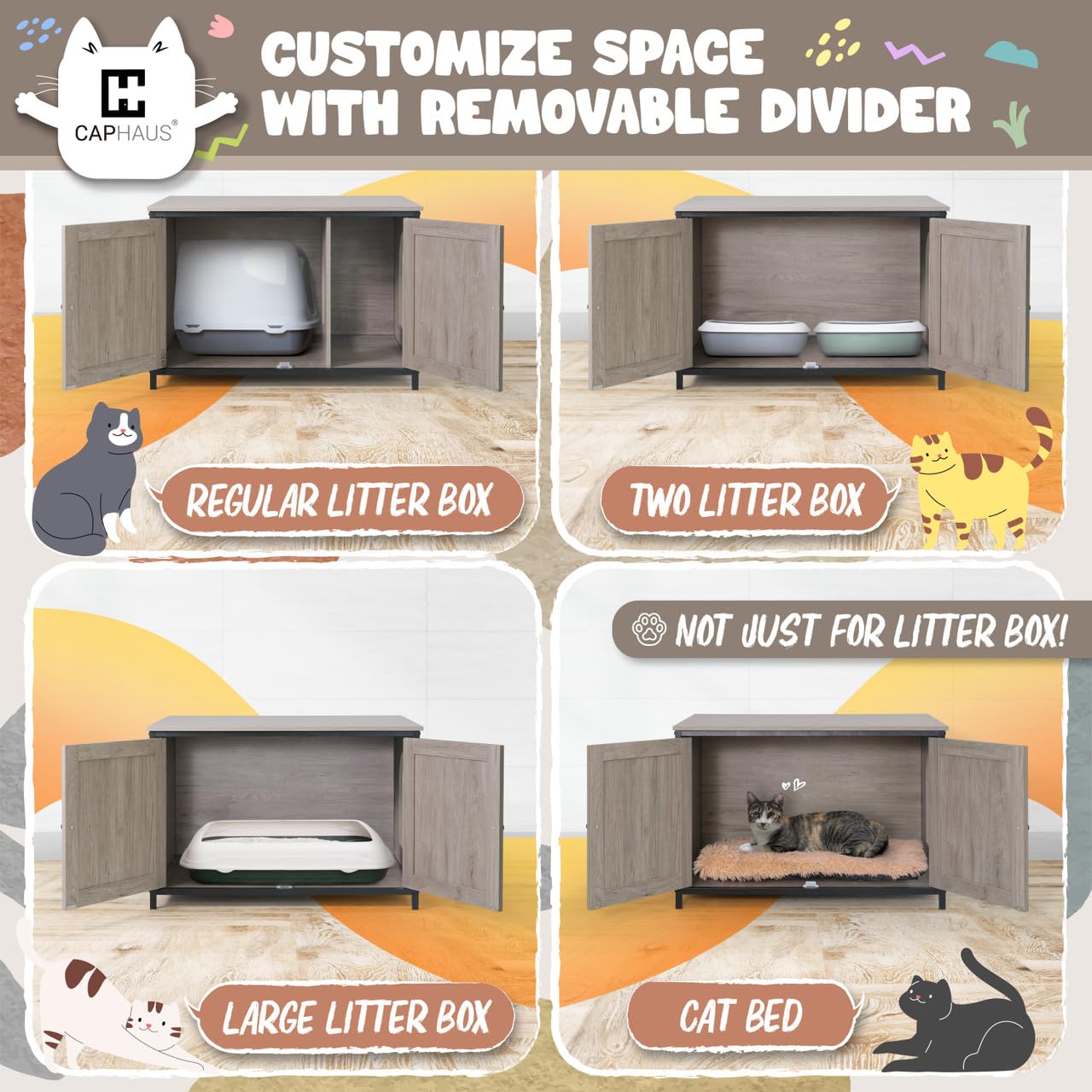 CAPHAUS Cat Litter Box Furniture with Divider, Flip-top Hidden Cat Washroom Enclosure, Wooden Indoor Cat House with Double Doors, Metal Frame Enclosed Cat Boxes, Cabinet for Large Cat, Greige - WoodArtSupply