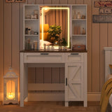 usikey Farmhouse Makeup Vanity Desk with Mirror and Lights, Glass Tabletop Makeup Vanity with Adjustable Shelves, Vanity Table Set with 2 Drawers and Side Cabinet for Bedroom, White usikey