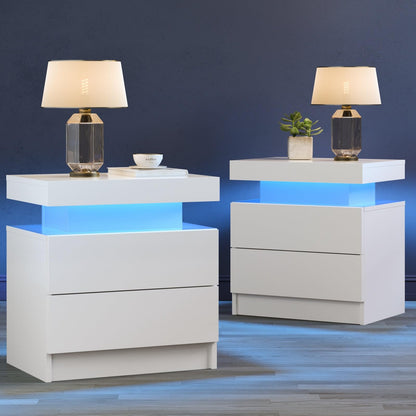 Cubehom White Nightstand Set of 2 LED Night Stand for Bedroom White Modern LED Bedside Table with 2 Drawers End Side Table - WoodArtSupply