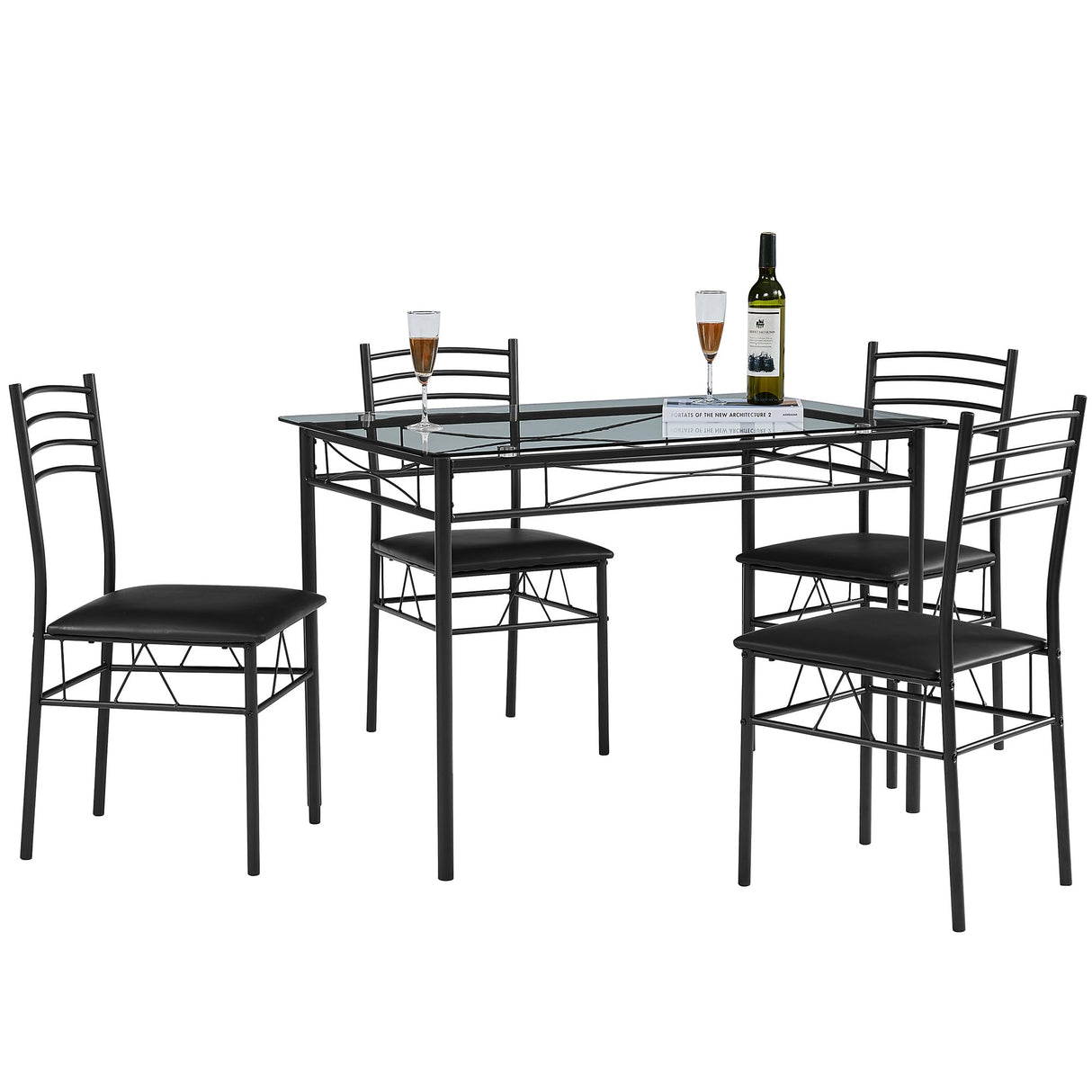 VECELO Kitchen Dining Table and Chairs Set for 4, PU Padded Seat & Glasses Tabletop, Space Saving, Matte Black VECELO