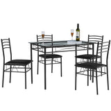 VECELO Kitchen Dining Table and Chairs Set for 4, PU Padded Seat & Glasses Tabletop, Space Saving, Matte Black VECELO