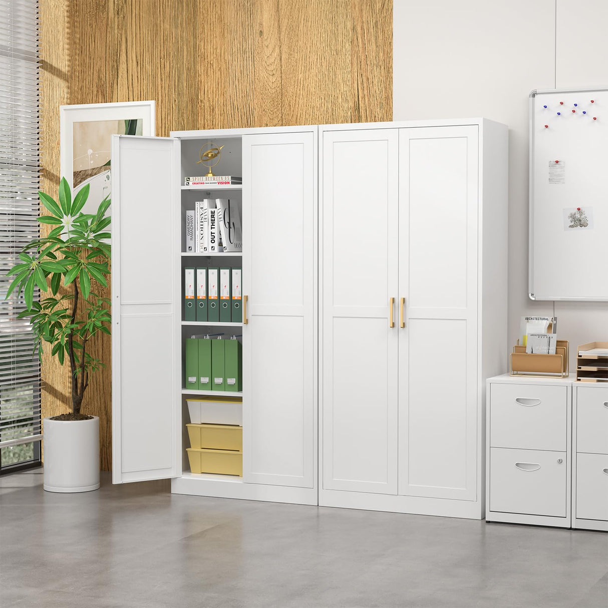 Kitchen Pantry Cabinet,71”White Metal Pantry Storage Cabinet with Doors and 4 Adjustable Shelves,Kitchen Cabinet with 2 Gold Handles,Tall Cabinet for Livingroom,Pantry, Bathroom,Kitchen SteeLoong