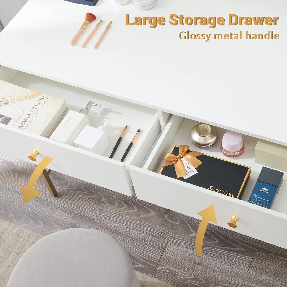 SUPERJARE Vanity Desk with Drawers, 47 inch Computer Desk, Modern Simple Home Office Desks, Makeup Dressing Table for Bedroom - White and Gold SUPERJARE