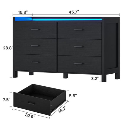 EPHEX Dresser for Bedroom, 6 Drawer Double Dresser with LED Lights, Wood Chest of Drawers, Modern Storage Dresser for Bedroom, Black