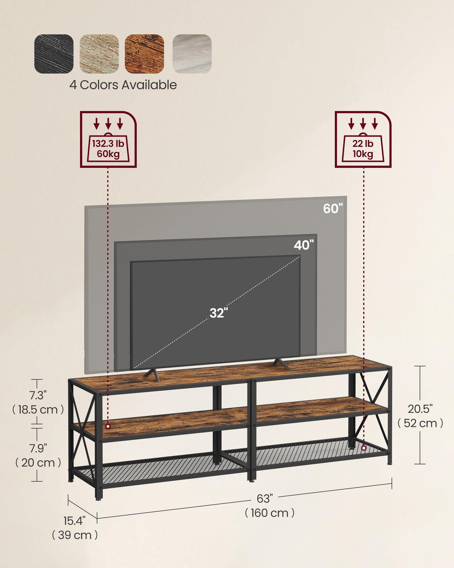 VASAGLE TV Stand, TV Console for TVs Up to 70 Inches, TV Table, 63 Inches Width, TV Cabinet with Storage Shelves, Steel Frame, for Living Room, Bedroom, Rustic Brown and Black ULTV095B01