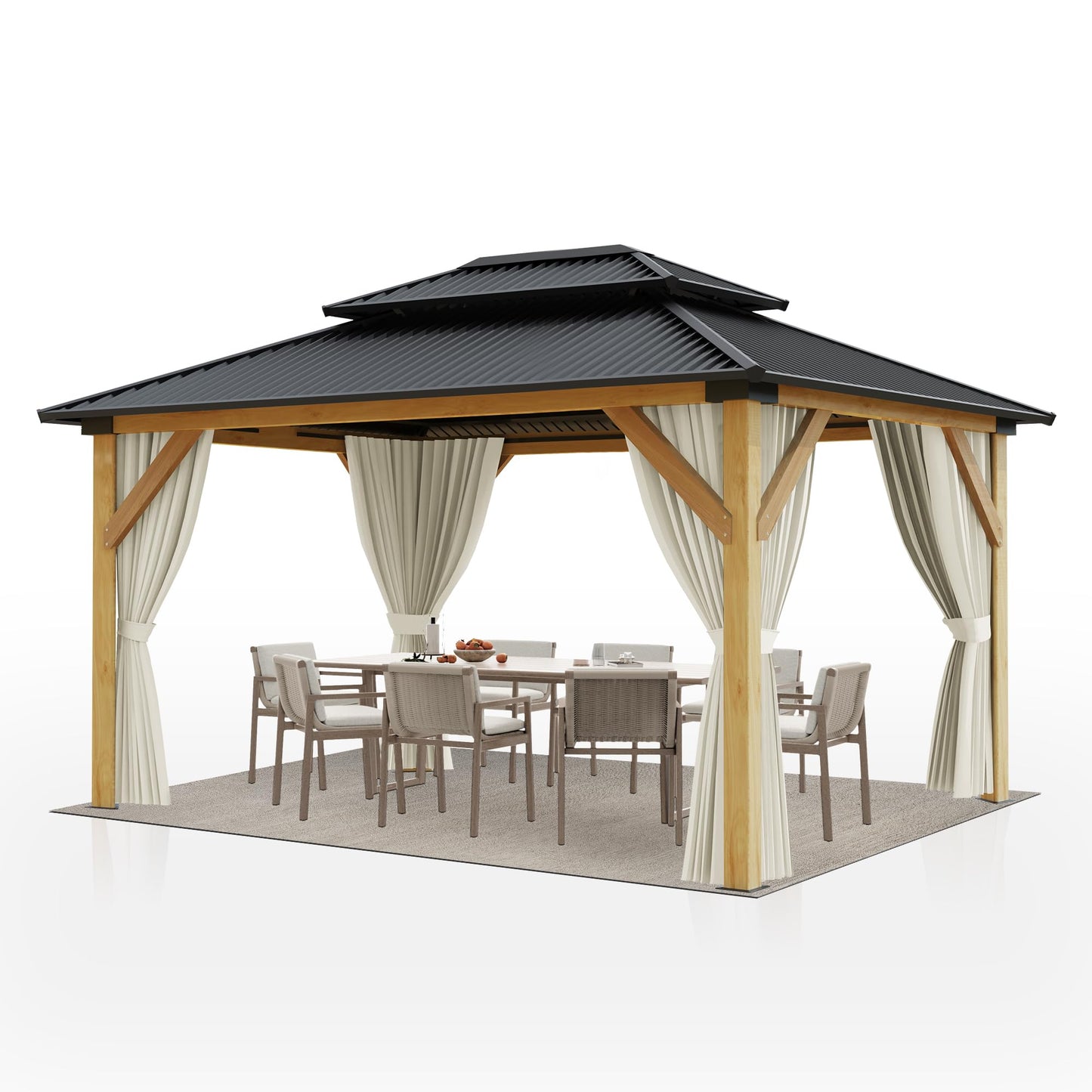 Rsyafung 13'x15' Wood Gazebo,Outdoor Hardtop Gazebo with Galvanized Steel Double Roof, Wooden Frame Gazebo with Netting and Curtains for Patio Backyard Deck Garden