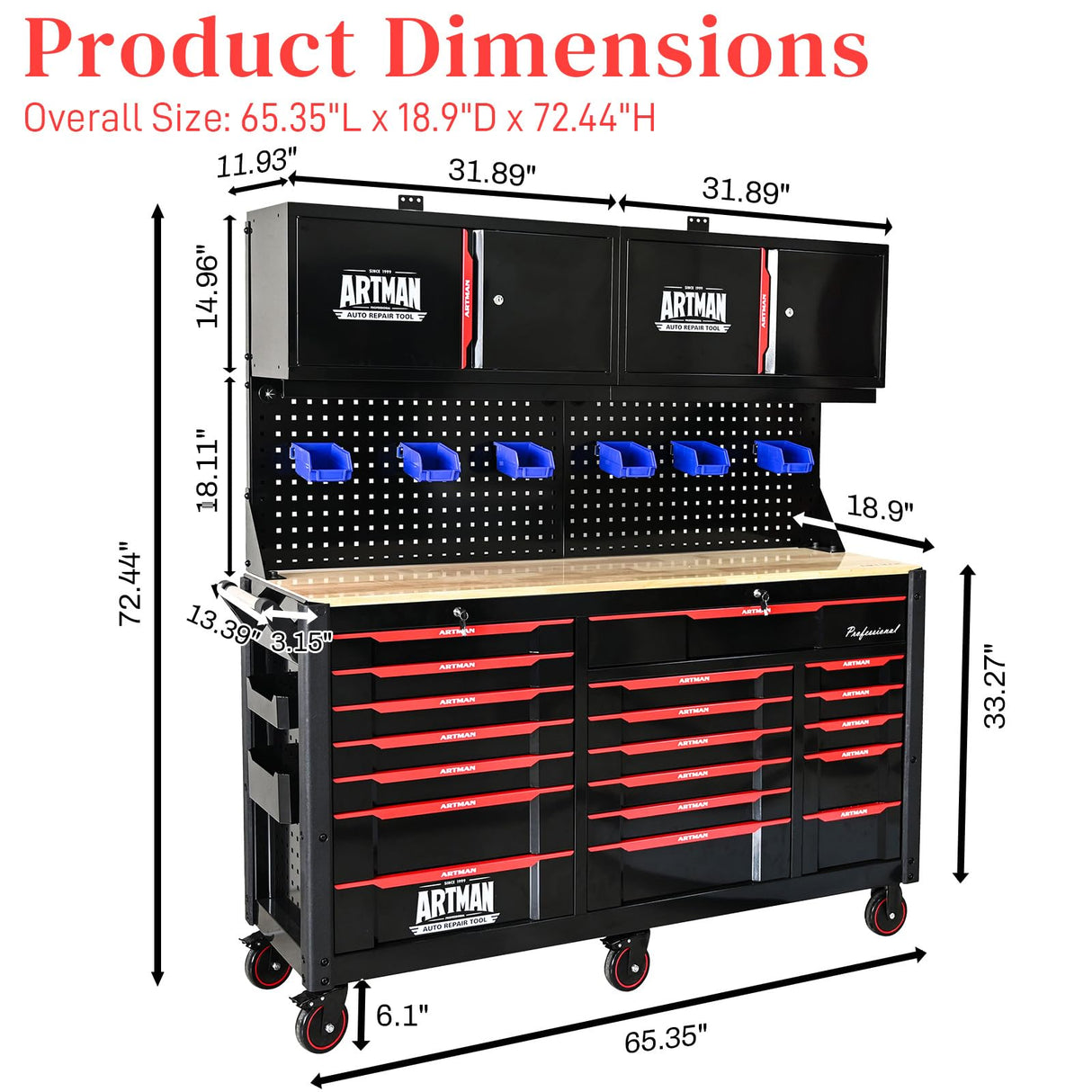 19 Drawers Rolling Tool Chest Large Mobile Workbench Heavy Duty Wood Top Tool Cart on Wheels Mechanic Toolbox Storage Cabinet for Garage, Workshop, Warehouse, Laboratory, with 2 Upper Cabinets WTRAVEL