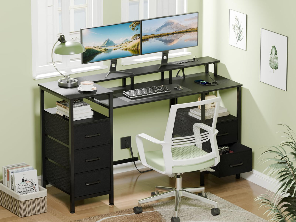 Korfile Computer Desk with Power Outlets & LED Lights, Gaming Desk with 5 Fabric Drawers for Bedroom, 47 Inch Home Office Desk with Monitor Stand & Storage Shelves for Working, Black Korfile