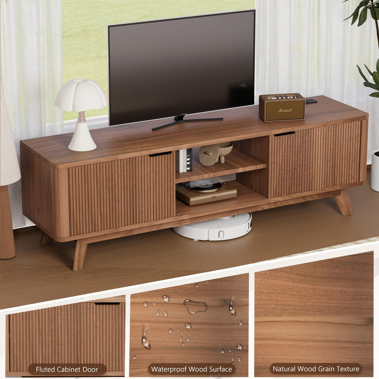 Royal Windsor Modern TV Stand for Living Room,Large TV Table with Fluted Door Cabinets and Open Shelves,Entertainment Center with Storage and TV Mount,Media Console Cabinet with Socket,Reddish Brown Royal Windsor