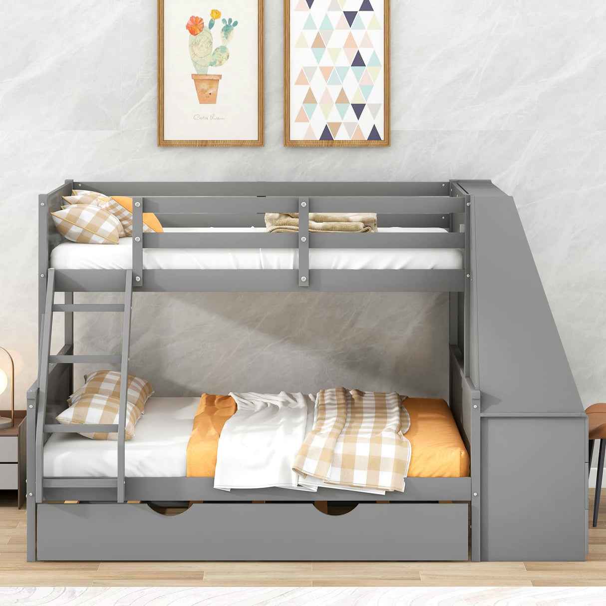Twin Over Full Bunk Bed with Desk, Trundle, and Storage Drawers in Gray Bellemave