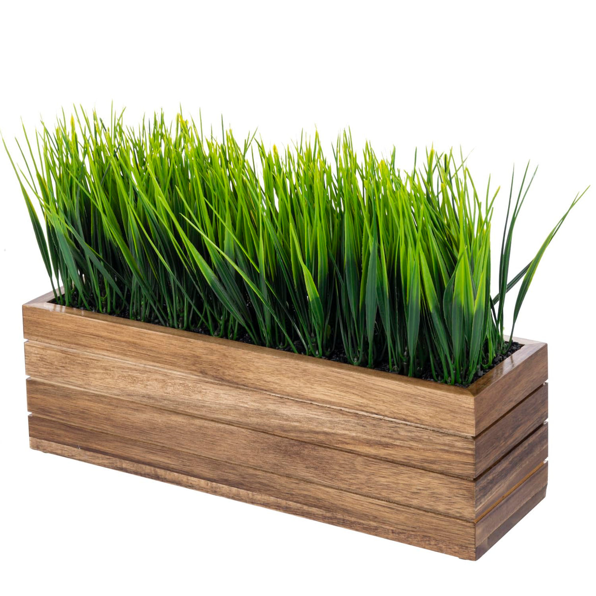 MyGift 14 Inch Artificial Green Grass Plant in Solid Acacia Wood Planter Window Box, Faux Greenery in Decorative Rectangular Crate Style Wooden Container MyGift