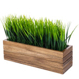 MyGift 14 Inch Artificial Green Grass Plant in Solid Acacia Wood Planter Window Box, Faux Greenery in Decorative Rectangular Crate Style Wooden Container MyGift
