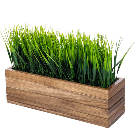 MyGift 14 Inch Artificial Green Grass Plant in Solid Acacia Wood Planter Window Box, Faux Greenery in Decorative Rectangular Crate Style Wooden Container MyGift