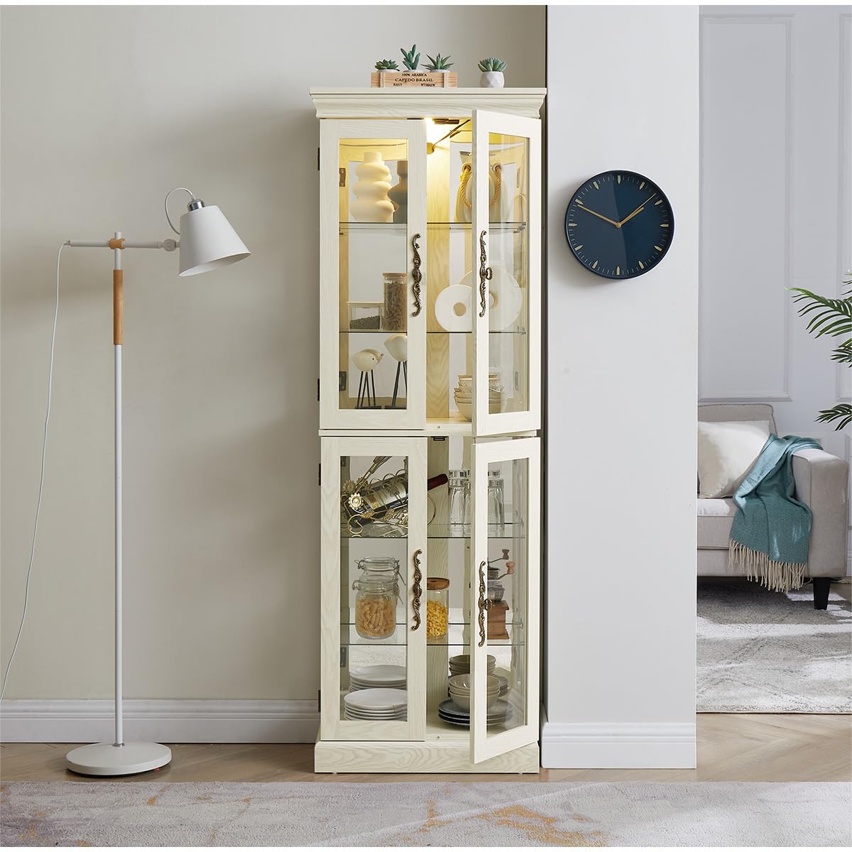 Lighted Glass Curio Cabinet with Lights & Adjustable Shelves,White Corner Curio Display Cabinet with Wood Frame (Free Standing,Light Bulb Include) YiaFurio