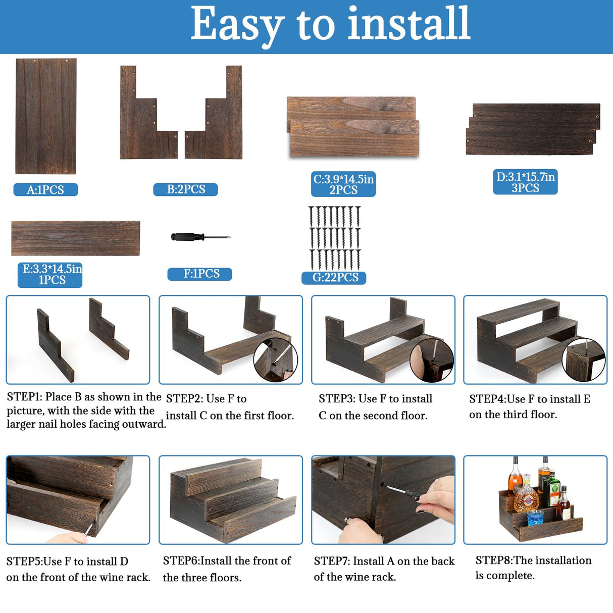 ERTIUANIO 3 Step Real Wood Countertop Liquor Bottle Display Shelf, 12 Bottle Freestanding Bar Shelves with Fences, Home Retro Wine Rack Storage Organizer, Whiskey Coffee Syrup Display Stand ERTIUANIO