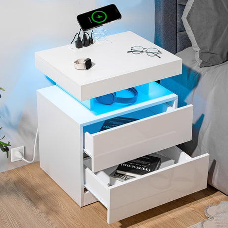 HOMMPA LED Nightstand with Wireless Charging Station & USB Ports High Gloss Bedside Table with LED Light RGB Adjustable Brightness Smart Nightstand 2 Drawers Night Stand for Bedroom White HOMMPA