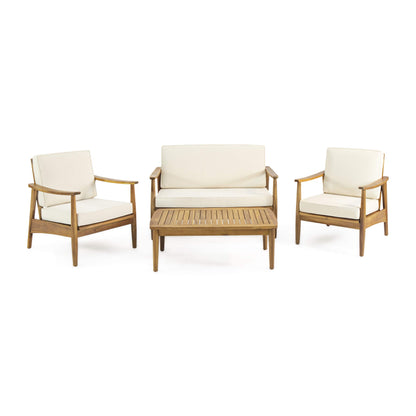 Christopher Knight Home Felix Outdoor Acacia Wood 4 Seater Chat Set with Coffee Table, Teak Finish, Beige - WoodArtSupply