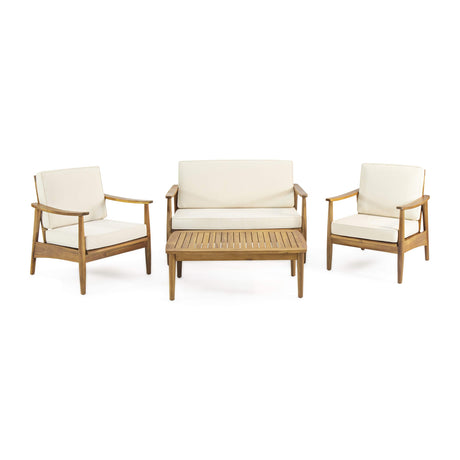 Christopher Knight Home Felix Outdoor Acacia Wood 4 Seater Chat Set with Coffee Table, Teak Finish, Beige Christopher Knight Home