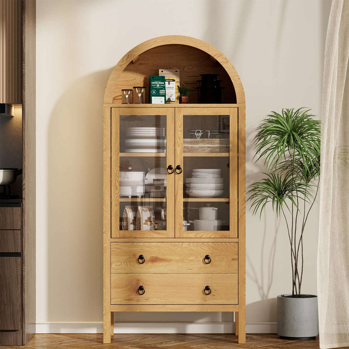 MECHYIN Arched Cabinet, 71" Tall Modern Storage Cabinet, Arched Kitchen Pantry Cabinet, Arched Bookshelf with Doors and Drawer, Wooden Storage Cabinet for Living Room, Kitchen, Dining Room (Natrual) MECHYIN