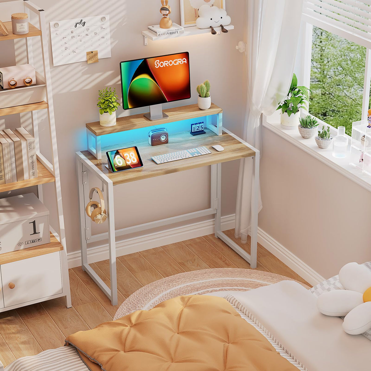 SOROGRA Small Folding Desk 31.5 Inch, Foldable Computer Desks with LED Lights and Monitor Stand, Work Portable Table for Bedroom Home Office, Oak SOROGRA