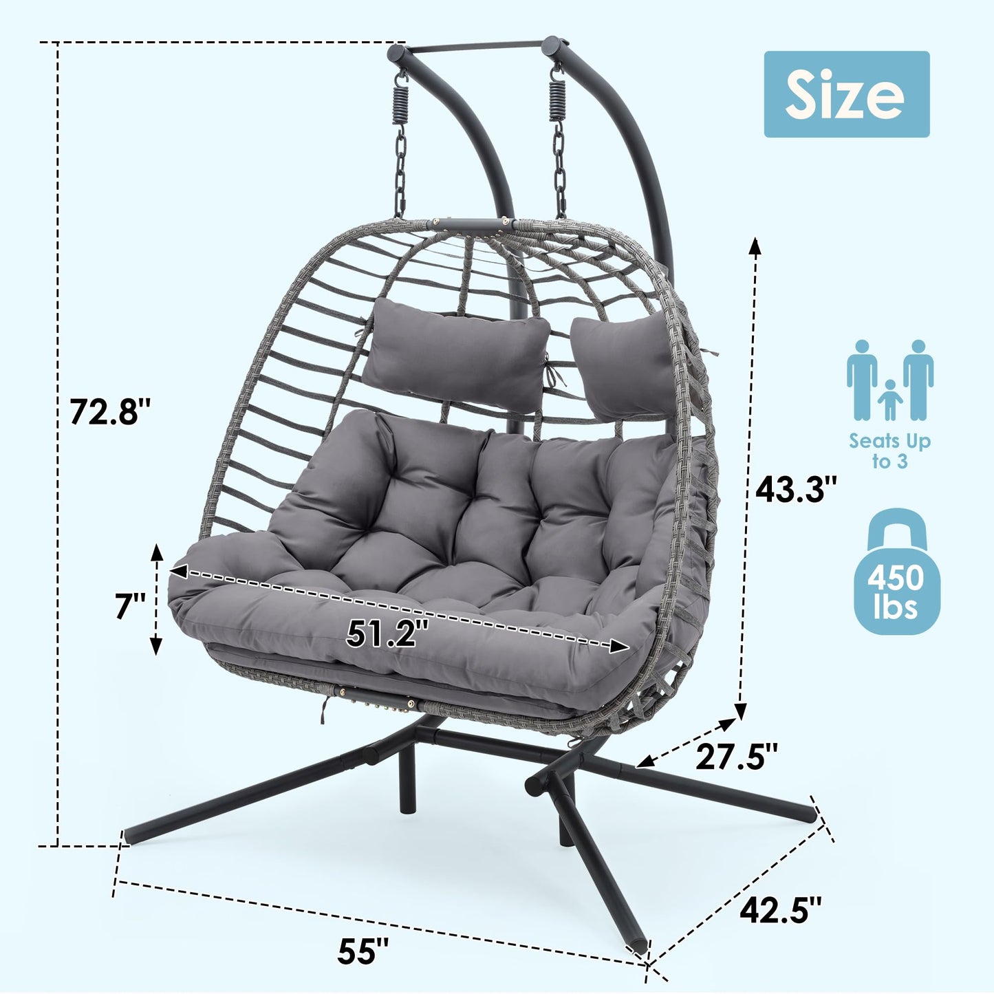 Brafab Double Egg Chair Swing with Stand, Oversized Hand-Woven Wicker Rattan 2-Person Egg Chair for Outdoor Indoor, Hanging Egg Chair with Thick Double Cushion and Sturdy Steel Stand, Charcoal