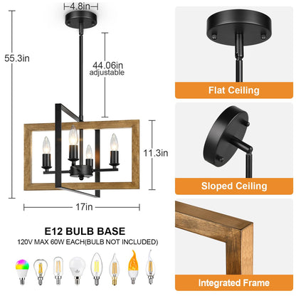 17" Farmhouse Chandelier, 4-Light Rustic Chandelier for Dining Room Light Fixture, Adjustable Wood Hanging Light Fixture for Living Room, Kitchen, Foyer, Bedroom and Entryway