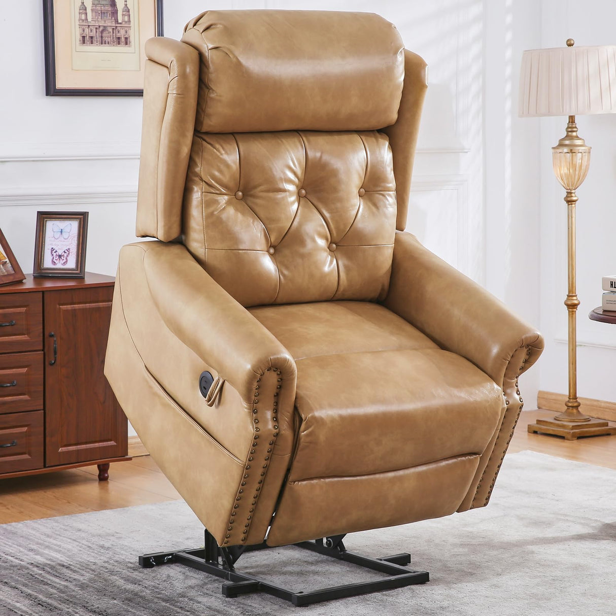 RUTOX Large Power Lift Recliner Chair for Elderly, Oversized Lay Flat Lift Chair with Adjustable Headrest, Leather Recliner Chairs with Massage and Heat, Infinite Position,Extended Footrest,Beige RUTOX