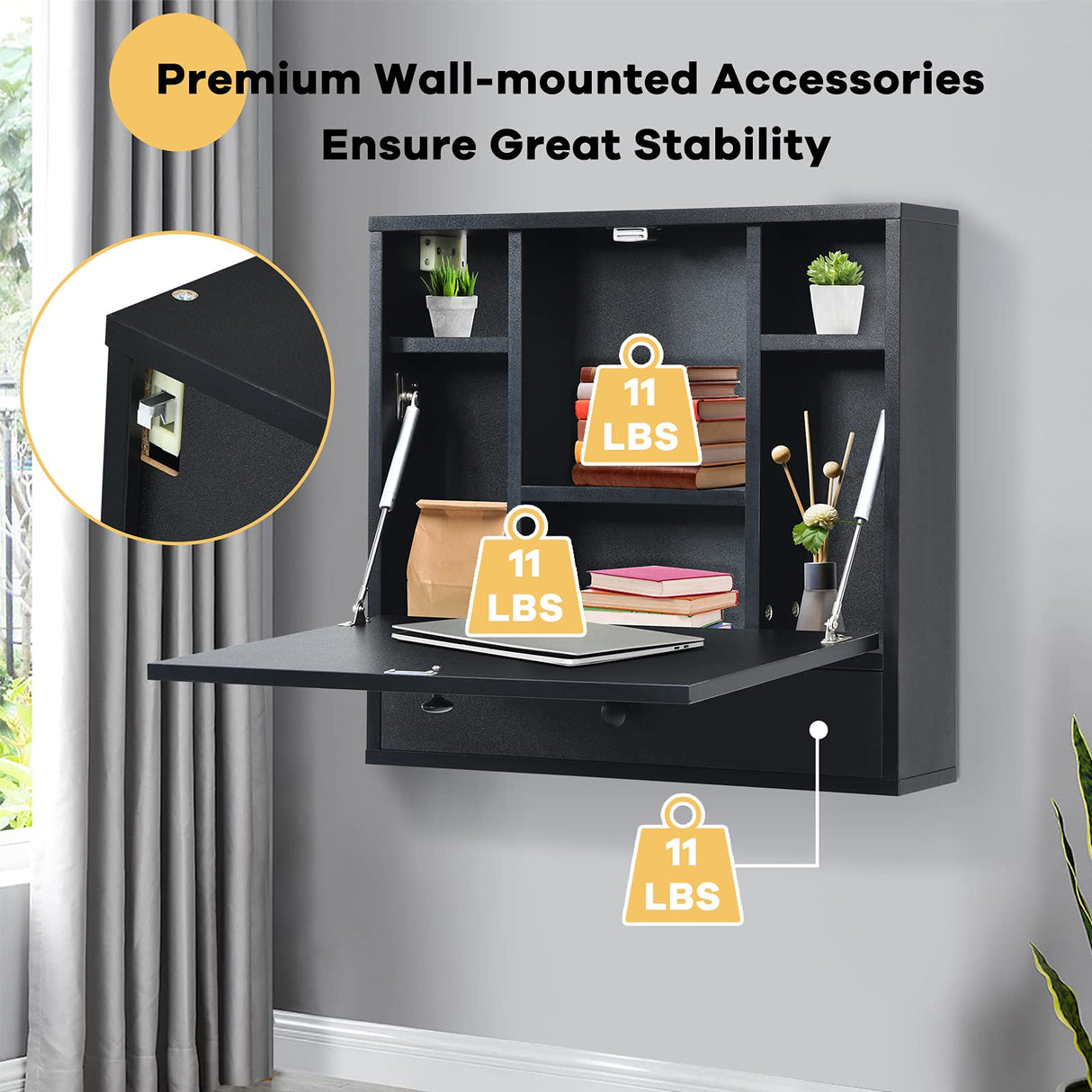 IFANNY Wall Mounted Desk, Wall Computer Desk w/Storage Drawer & Shelves, Compact Floating Desk for Wall, Space Saving Wall Desk Fold Down, Wall Desks for Small Spaces (Black) IFANNY