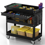 3 Tier Tool Cart on Wheels, Industrial Heavy Duty Rolling Tool Cart with Drawers, 500 LBS Capacity Utility Cart with Hooks and Locking System for Home, Garage, Warehouse, Workshop (Black) Xalvora