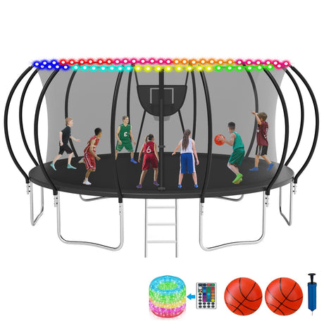 KOFUN 1500LBS 8 10 12 14 16 FT Tranpoline Outdoor for Kids Adults, Tranpoline with Net Ladder Basketball Hoop Light, Recreational Tranpolines, ASTM Approval, Easy to Assemble, Curved Poles Larger Room KOFUN