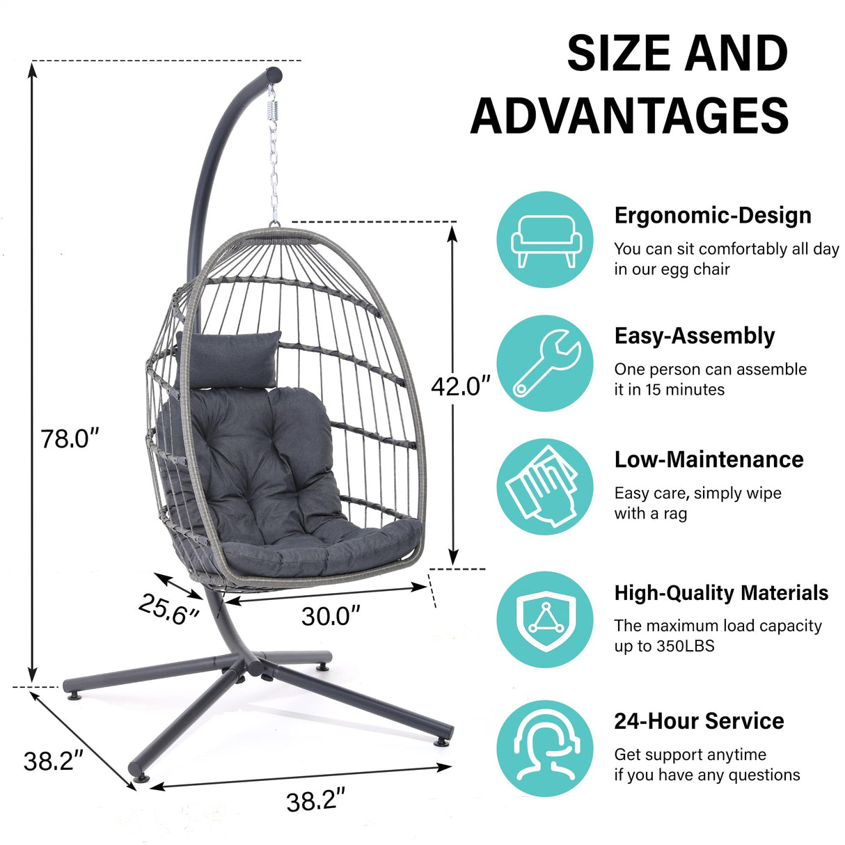 LEYCAY Hanging Egg Chair with Stand, Outdoor Swing Egg Chair, Indoor Wicker Chair with Cushion for Patio Living Room 350 LBS Capacity-Dark Grey LEYCAY