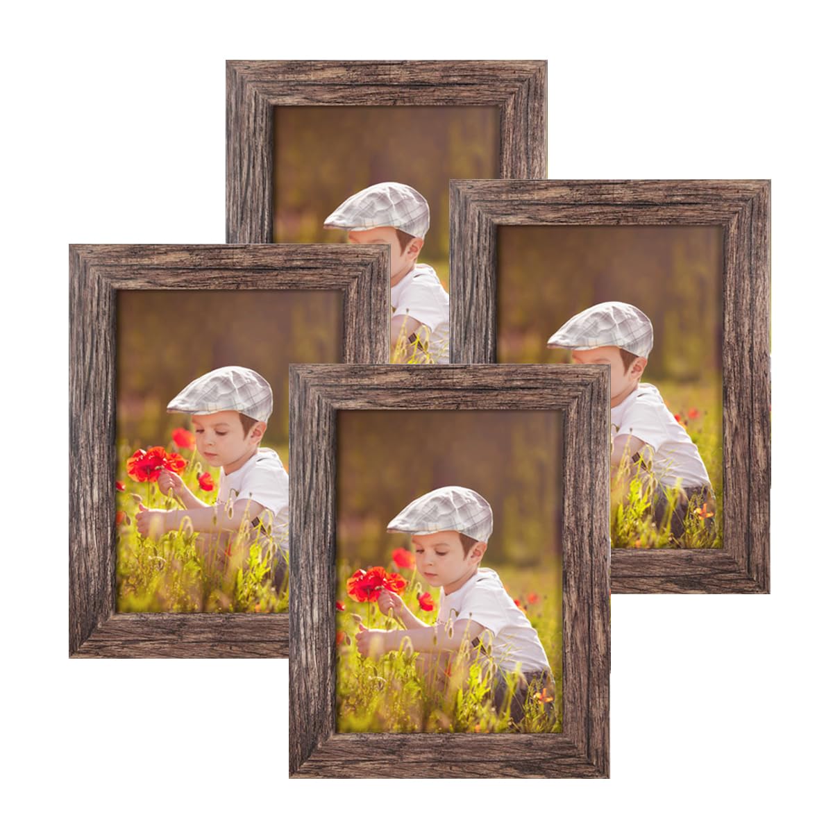 Q.Hou 5x7 Picture Frame Wood Pattern Rustic Brown Photo Frames Packs 4 with High Definition Plexiglass for Tabletop or Wall Decor (QH-PF5X7-BR) Q.Hou