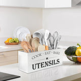 Suli Extra Large Kitchen Utensils Holder with 4 Compartments, Wooden Utensil Organizer for Kitchen Countertop, Farmhouse Kitchen Decor, Rustic Cooking Utensil - White Suli