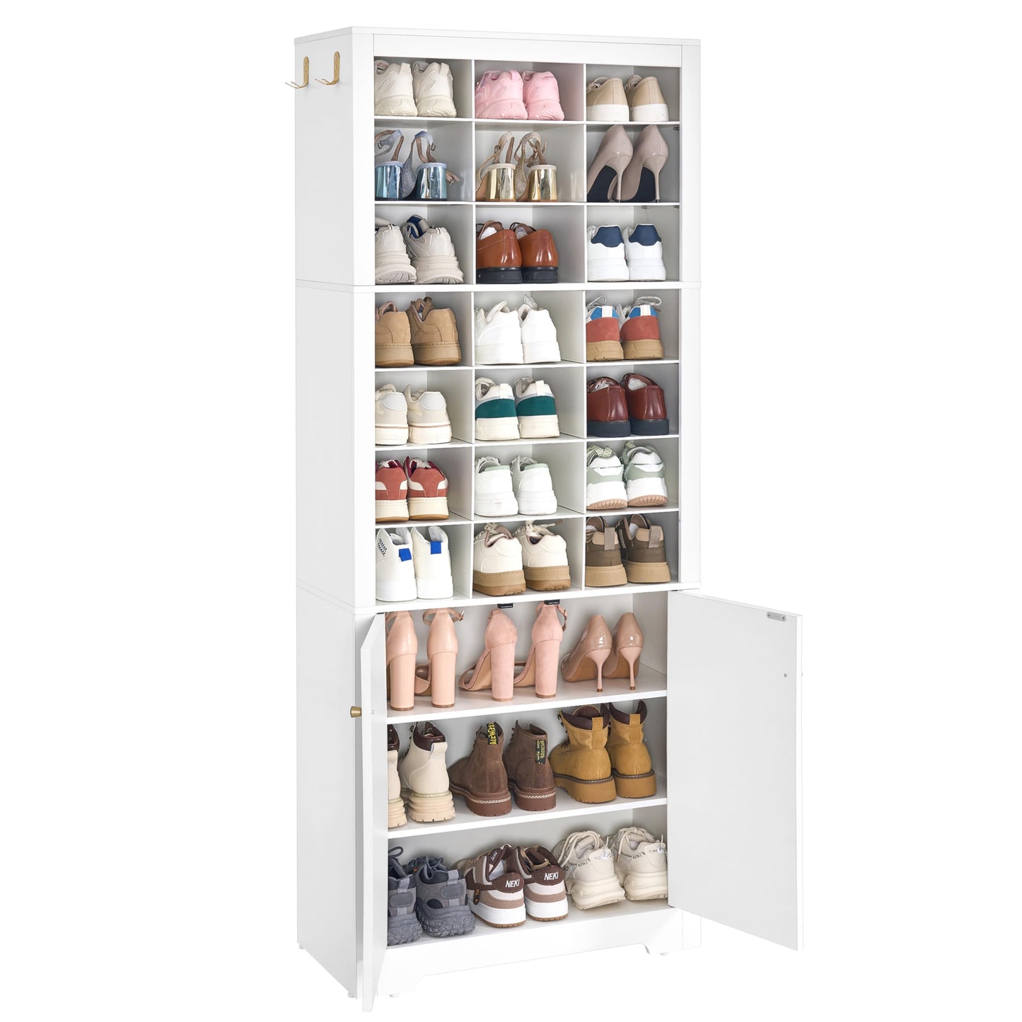 Huaneri Shoe Storage Cabinet with Doors, 30 Pairs Free Standing Closet Organizer, 8.8" Widened Cell Wood Shoe Organizer, 10 Tiers Space Saving Vertical Shoe Rack for Entryway, Bedroom, White  - WoodArtSupply