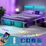 CLIBFENG Full Size Bed Frame with Headboard,Heavy Duty Steel Slats Support-LED Bed Frame with USB Charging Station,Metal Platform Bed Frame-Under Bed Storage, No Box Spring Needed, Noise Free,White CLIBFENG