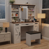 43" Farmhouse Makeup Vanity Desk with Lights and Chair, Vanity Table with Sliding Mirror and Power Strips, 3 Drawers & 2 Cabinets, Open & Hidden Shelves, Stool Included, White Dressing Table amzzar