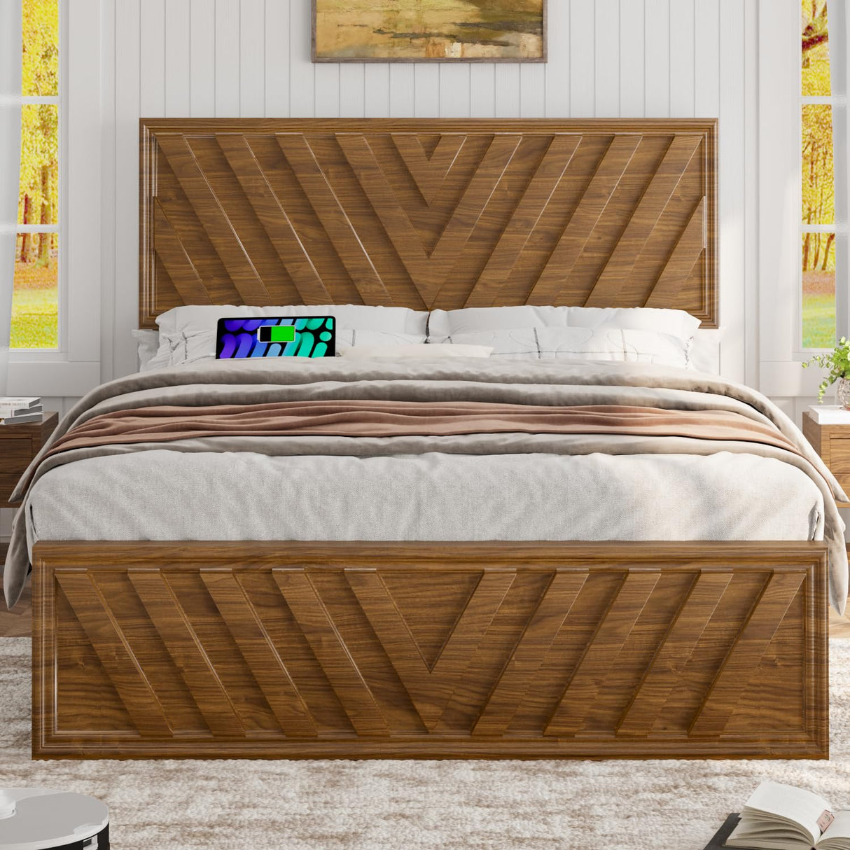 Incyneva Queen Bed with Adjustable Headboard, Farmhouse Platform Bed Wood with LED Light and Charging Station, Diagonal Line & Rustic Brown Incyneva